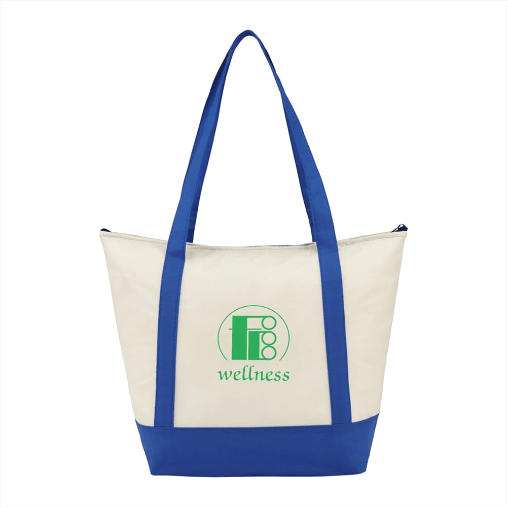 A non-woven tote cooler with a cream body and blue base, featuring a logo on the front.
