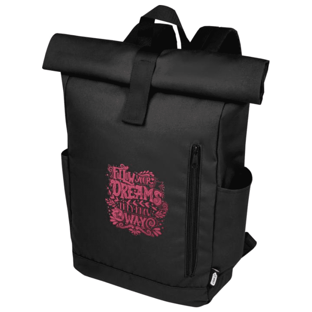 A black roll-top backpack with a pink printed design and side pockets. It features a logo on the front.