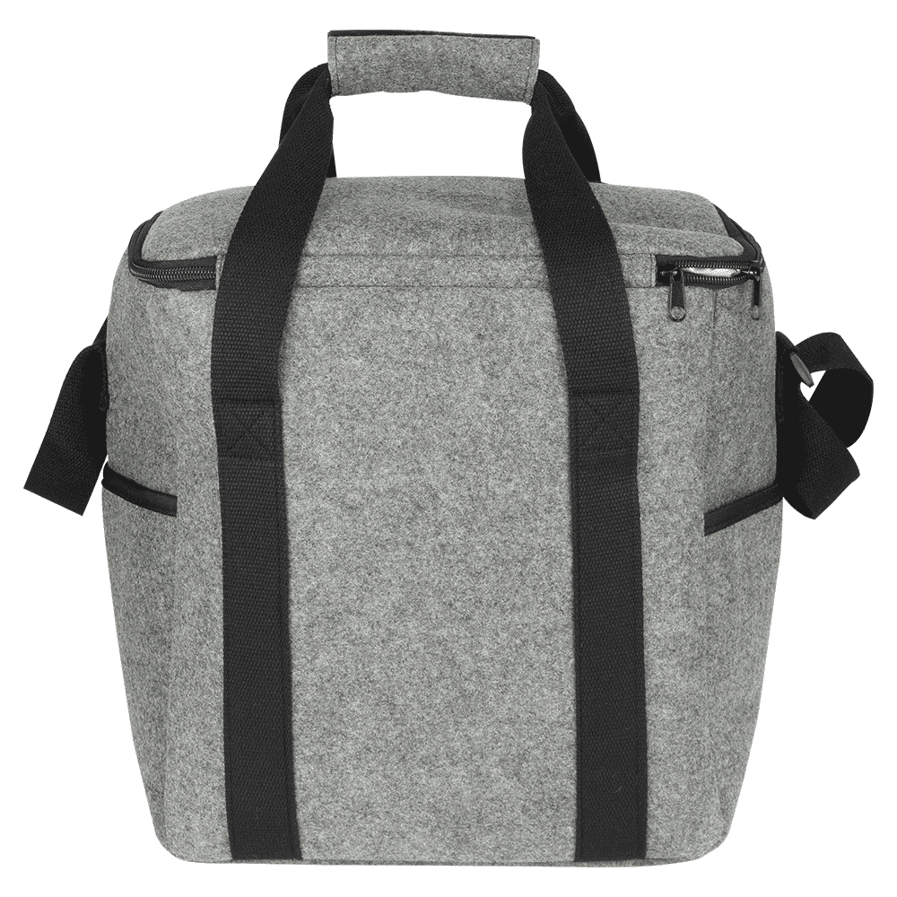 A drink bottle cooler bag in grey felt with black straps and zippered closure, featuring side pockets and a top handle.