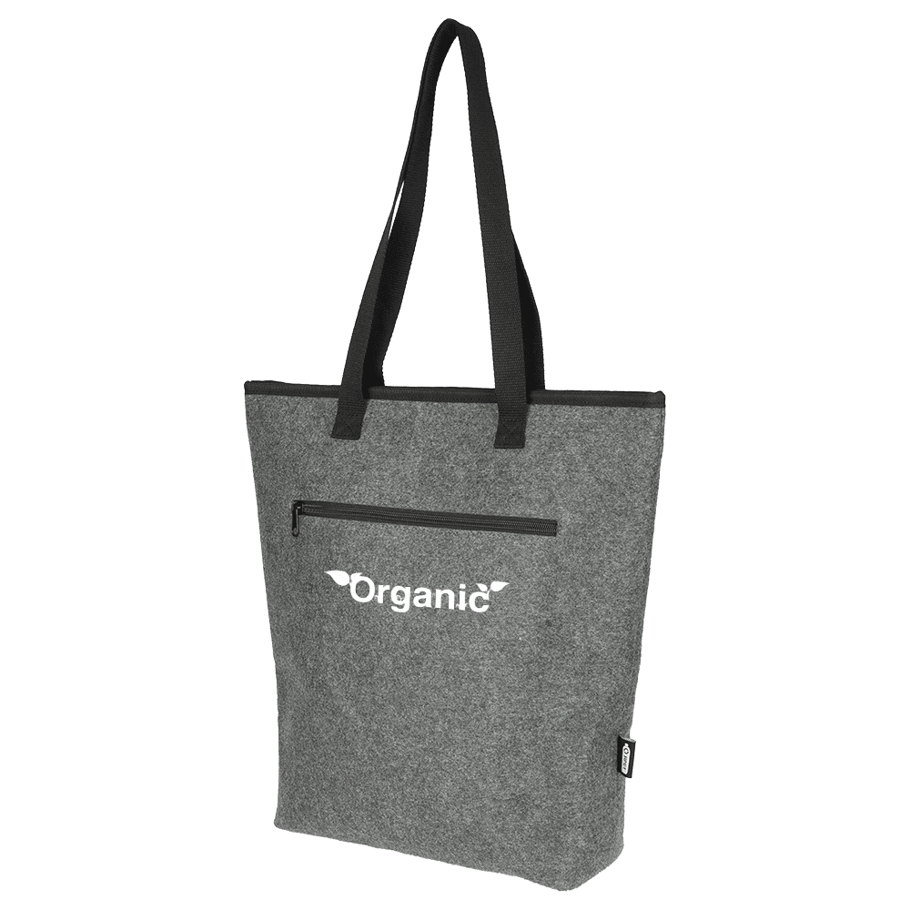 A grey felt cooler tote bag with black handles and a zippered pocket, featuring a branded label.