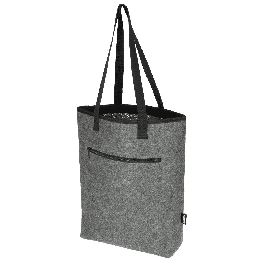A grey recycled felt tote bag is being held by a person wearing a black hoodie and grey pants.
