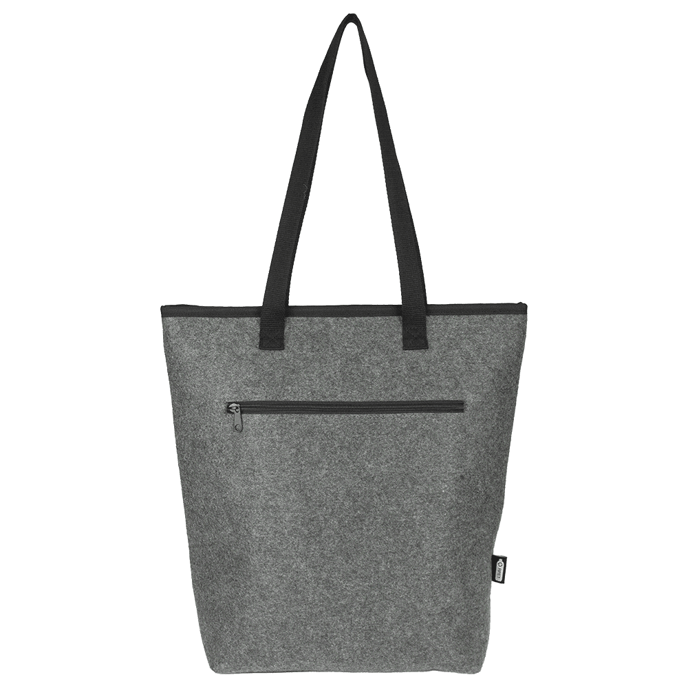 A grey cooler tote bag with a water bottle, a plate, and a checkered cloth visible inside. Features a front zip pocket.