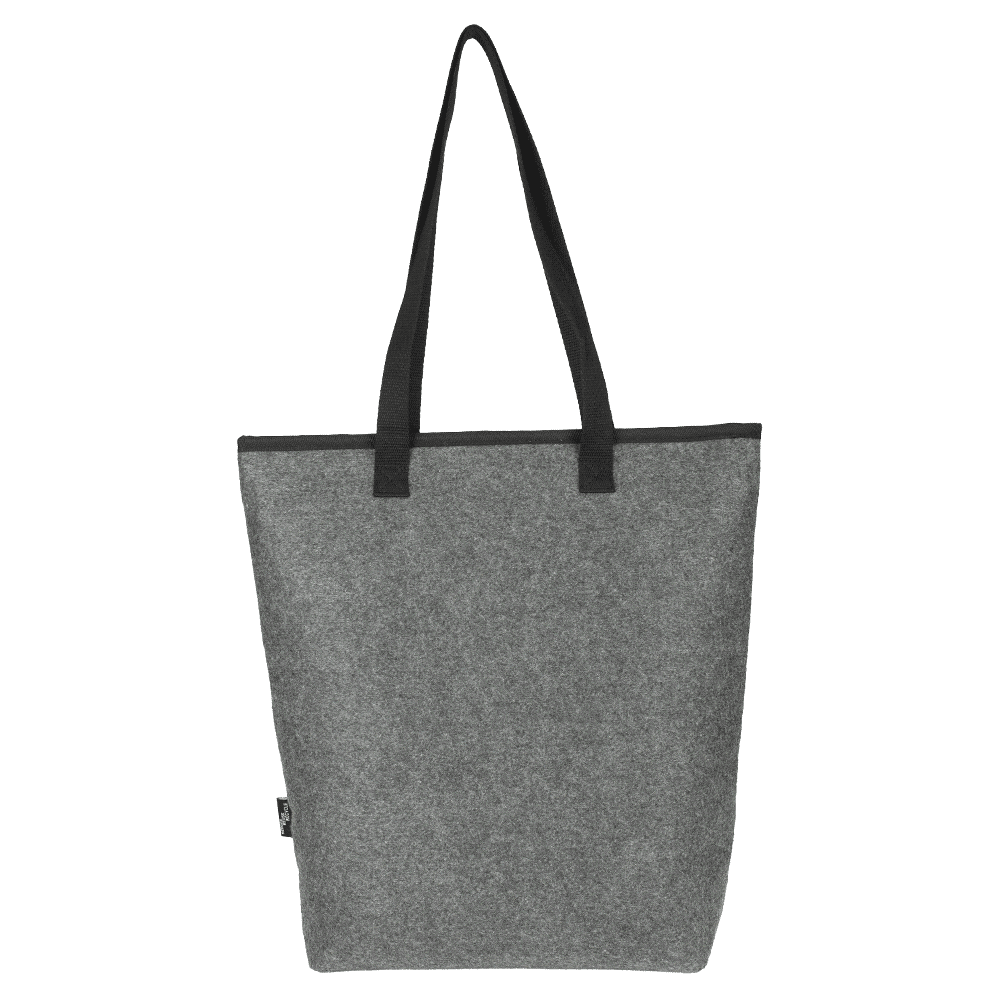 A grey cooler tote bag with black handles and a zippered front pocket, featuring a logo.