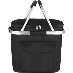 A black picnic cooler bag with a zippered top, featuring an aluminium handle and a front pocket.