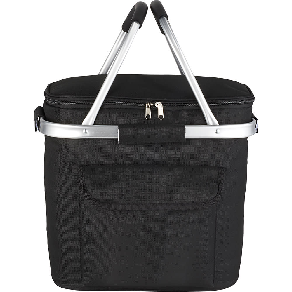 A black picnic cooler bag with a zippered top, featuring an aluminium handle and a front pocket.