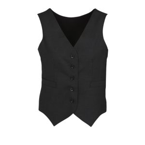 A black women's peaked vest featuring a button-up front and two side pockets, with a branding logo.