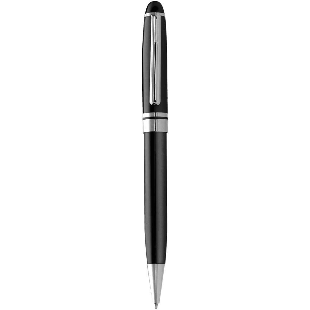 A sleek black metal ballpoint pen with silver accents and a clip, featuring a logo.