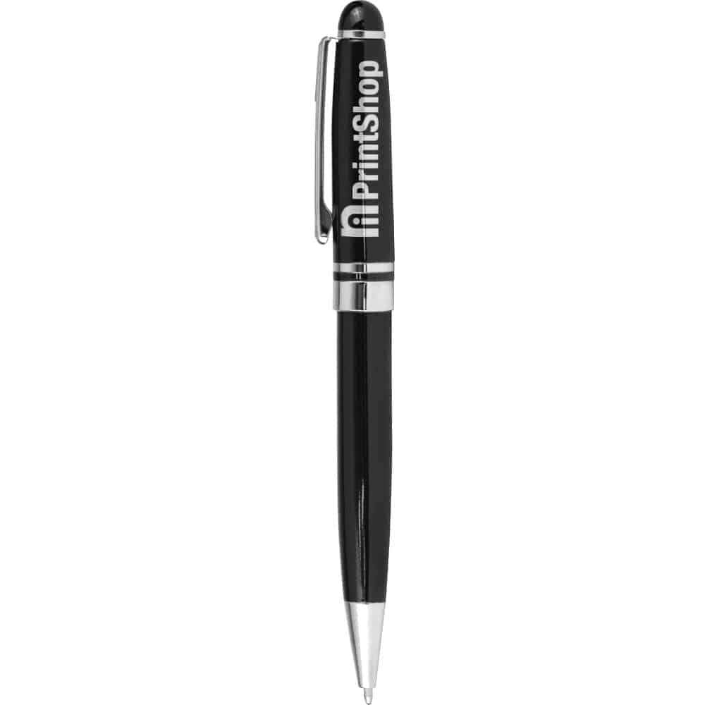 A metal ballpoint pen with a black body, silver accents, and a logo on the clip.