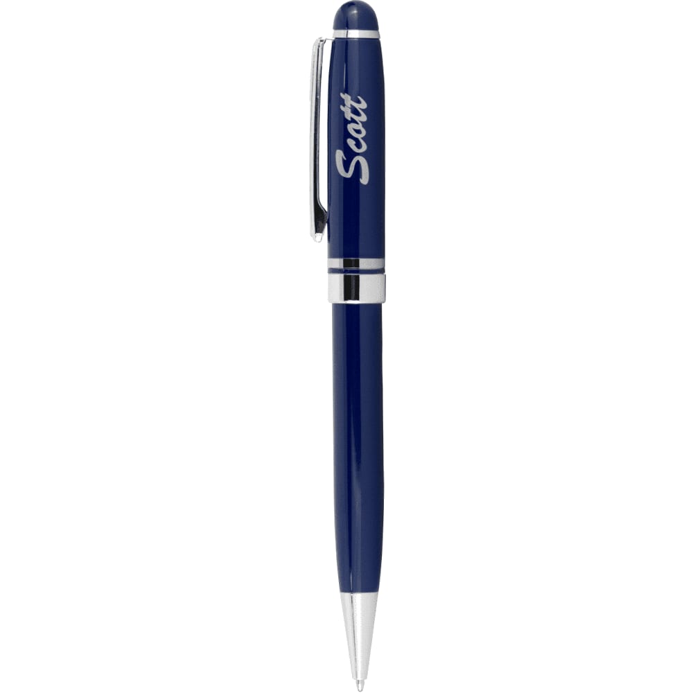 A blue Bristol Twist Ballpoint Pen with a silver clip and accents, featuring a branding logo.