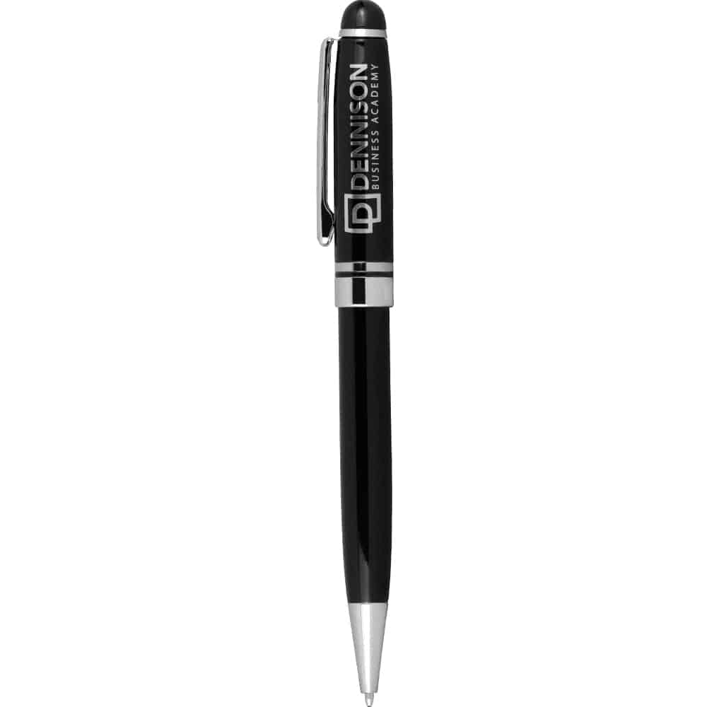 A black ballpoint pen with a silver clip and branding on the barrel. Features a sleek, metallic finish.
