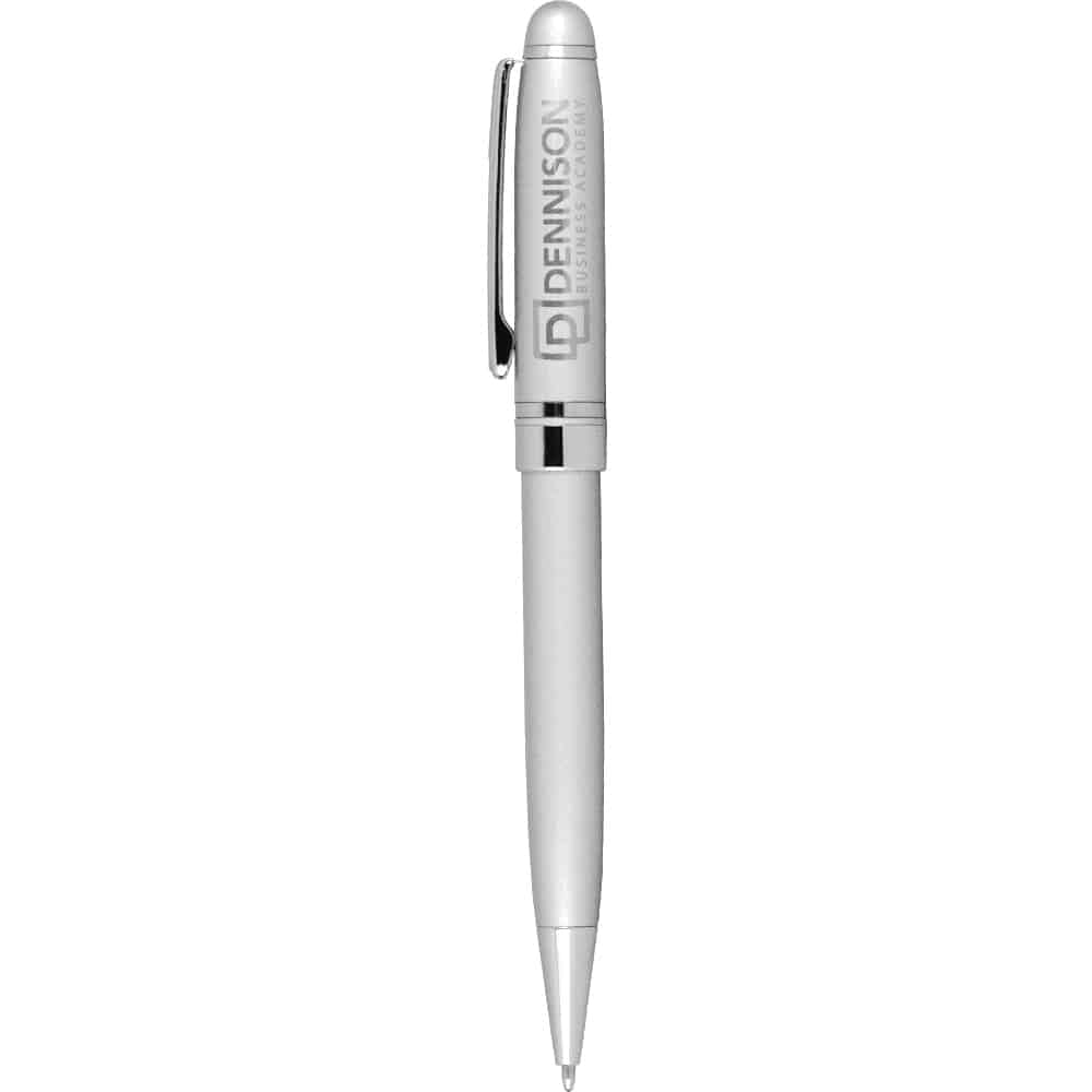 A silver Bristol Twist Ballpoint Pen with a clip and a logo on the barrel.