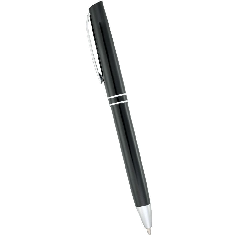 A black metal ballpoint pen with silver accents and a logo on the side.