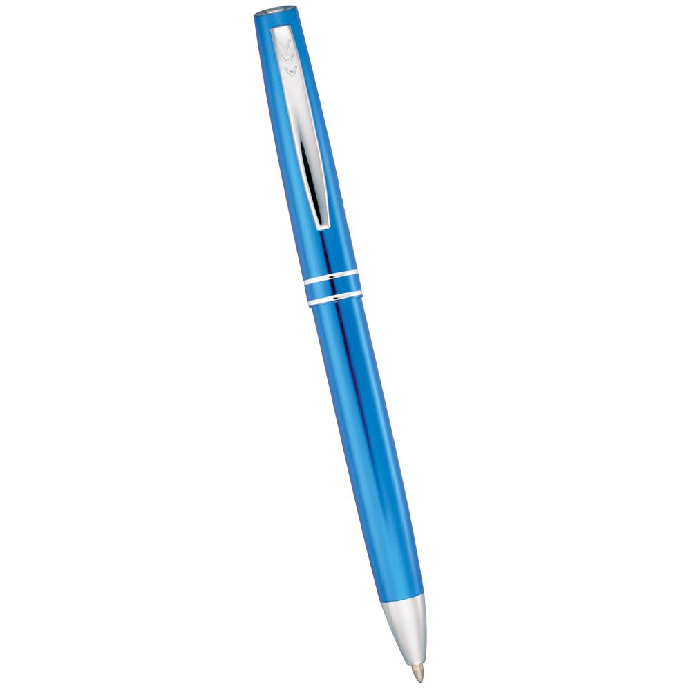 A blue metal ballpoint pen with a silver clip and a branding logo engraved on the barrel.