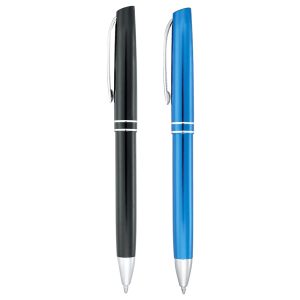 A sleek black metal ballpoint pen with silver accents and a clip, featuring a logo on its surface.