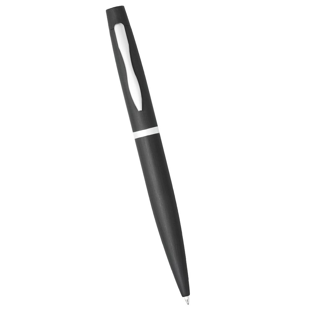 A black metal twist action pen with a white accent and a logo on the side.