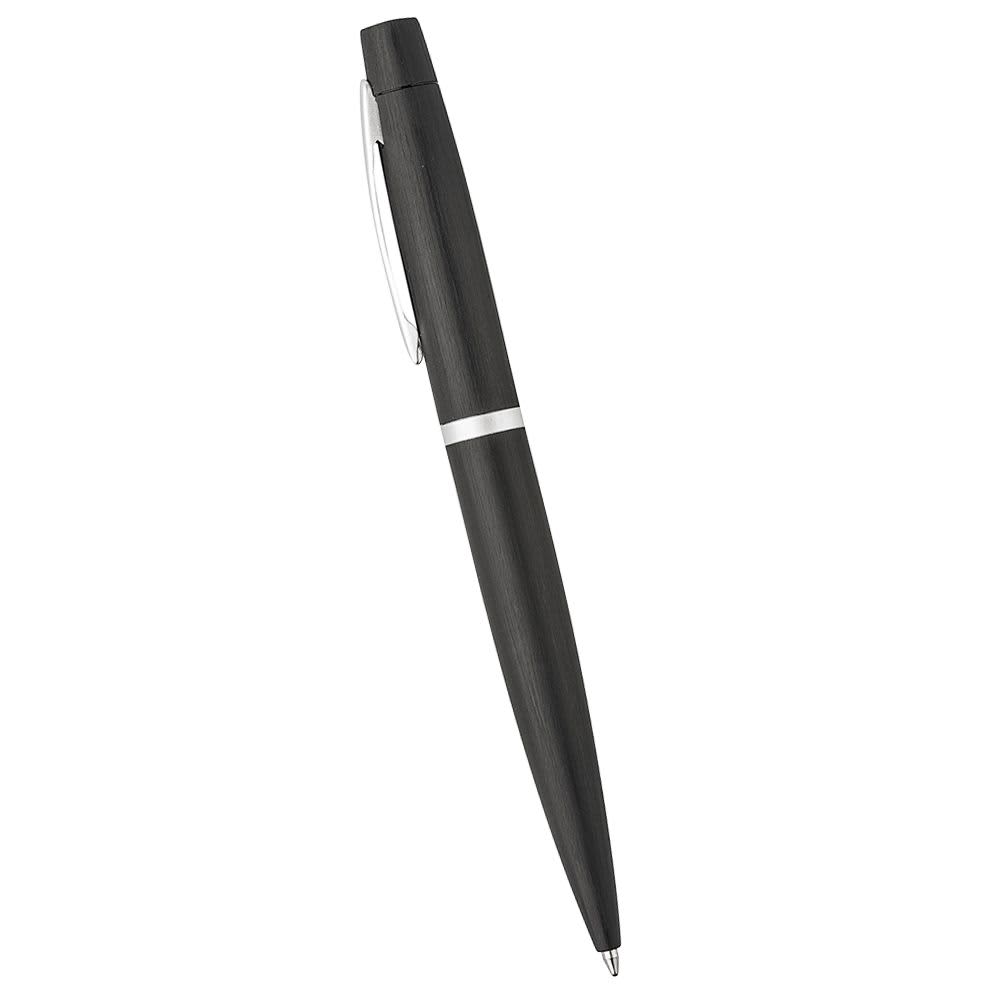 A red metal twist action pen with a sleek design and a logo on the surface.