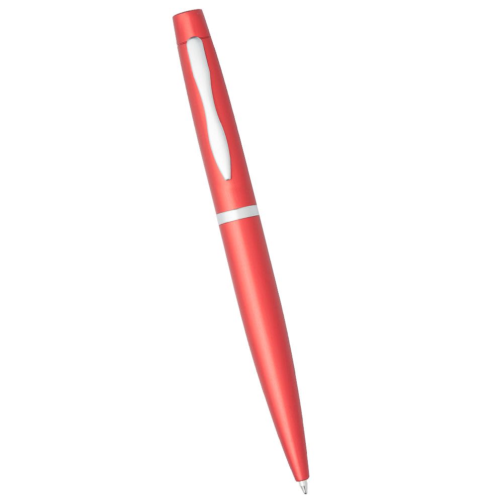 A blue metal twist action pen with a white grip and a logo.