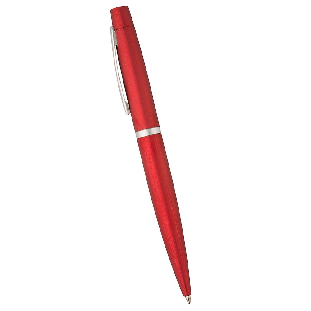 A twist action pen in white, featuring a sleek metal design and a clip for easy attachment.