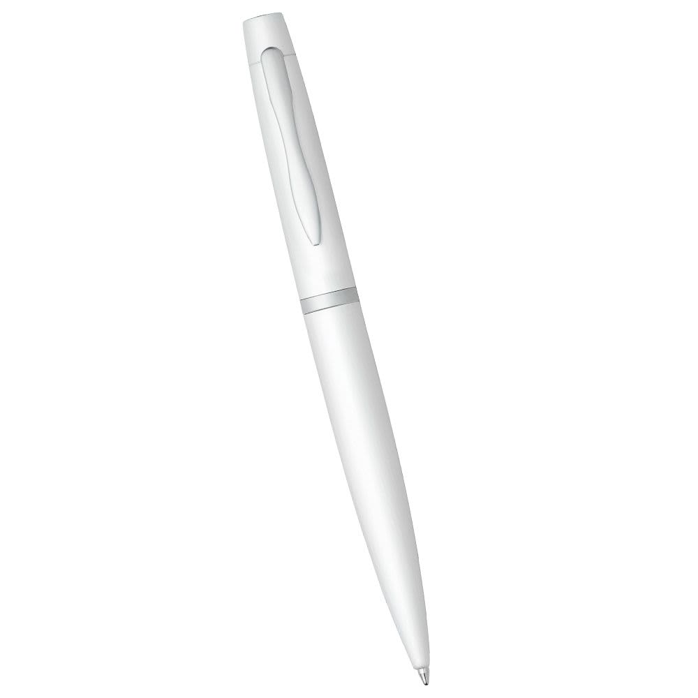 A blue twist action pen featuring a sleek metallic design and a silver clip. It includes a branding logo.