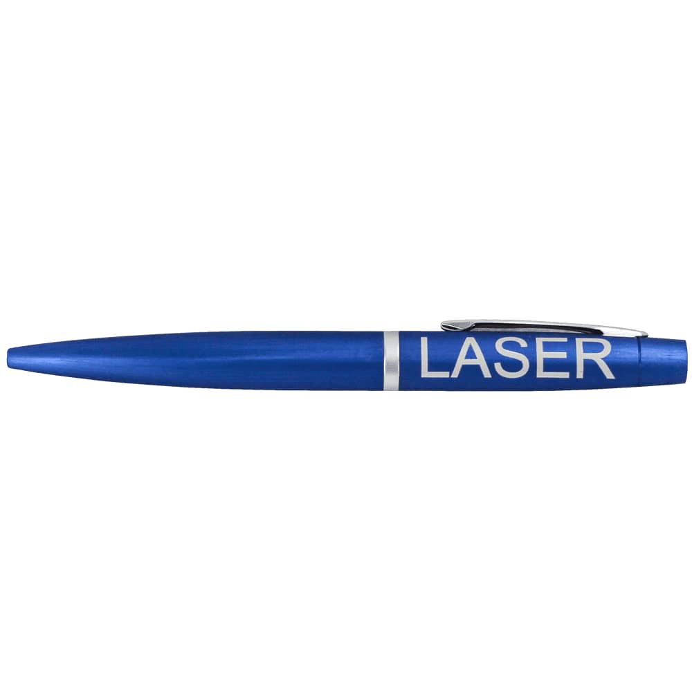 A blue metal pen with a silver trim and a branded logo.