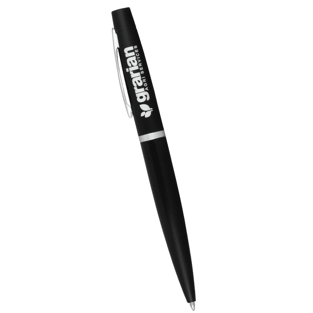 A black metal twist action pen with a silver accent and a logo on the body.
