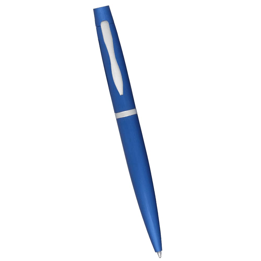 A sleek black metal twist action pen with a silver accent and clip, featuring a branding logo.