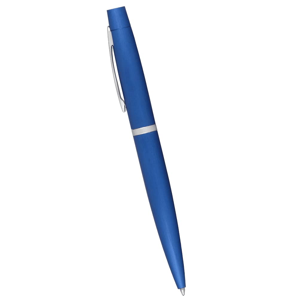A red metal pen with a sleek design and a silver accent, featuring a clip and twist-action mechanism.