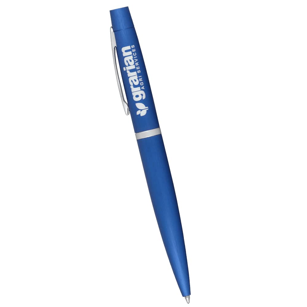 A blue metal twist action pen with a branding logo and a sleek design.