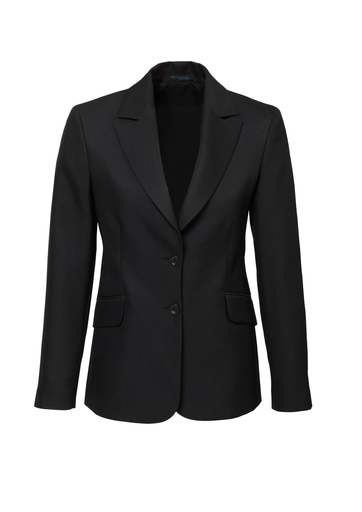 A black longline jacket with a notched lapel, two-button front, and two pockets. Features a logo on the inner label.