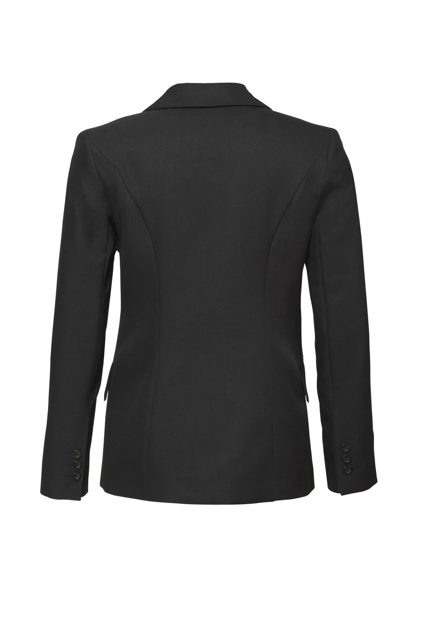 A black women's longline jacket with a tailored fit and buttoned cuffs, featuring a logo on the back.