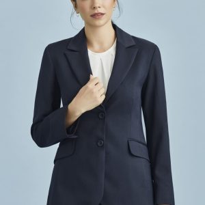 A women's longline jacket in navy with two front pockets and a tailored fit, featuring a single button closure.