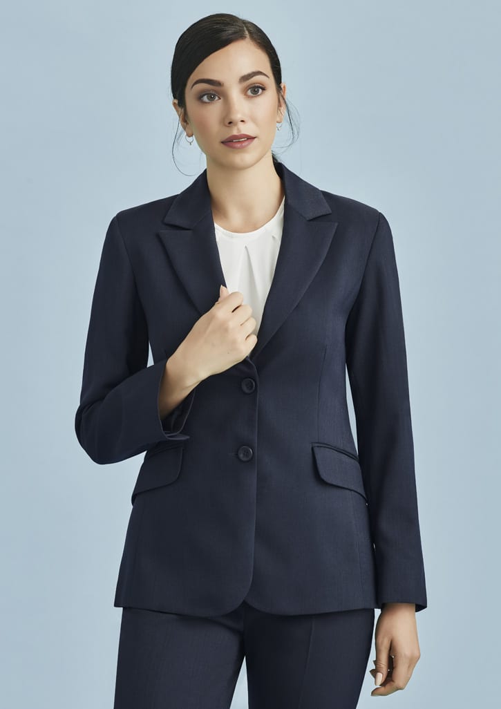A women's longline jacket in navy with two front pockets and a tailored fit, featuring a single button closure.