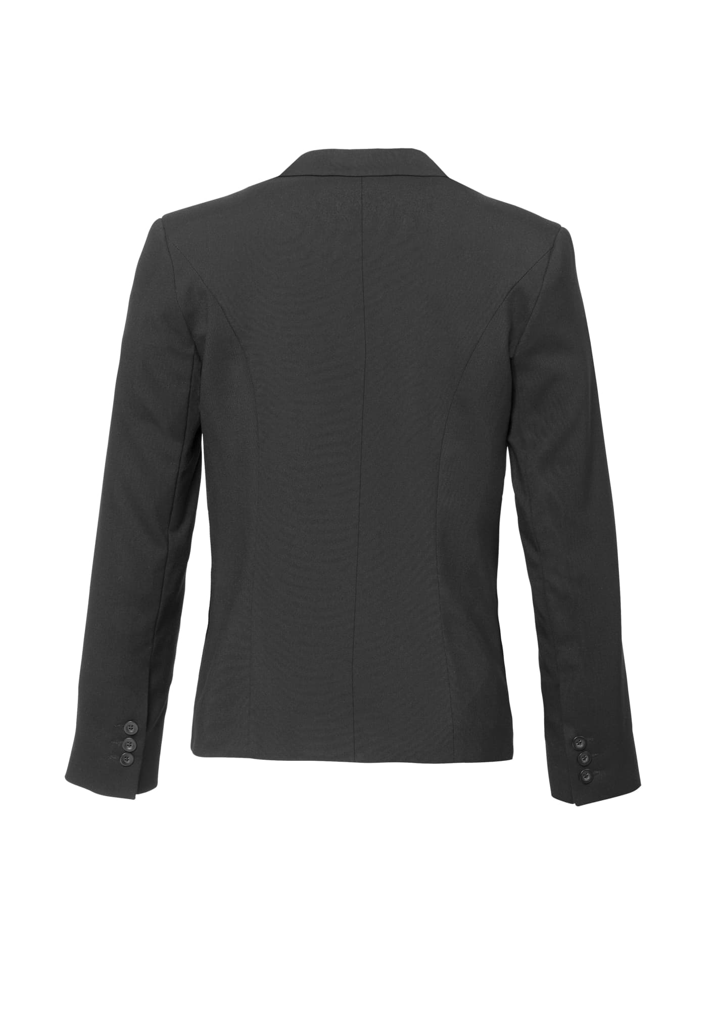 A women's cool stretch short jacket in black with a reverse lapel and buttoned cuffs. The back view displays a tailored fit.