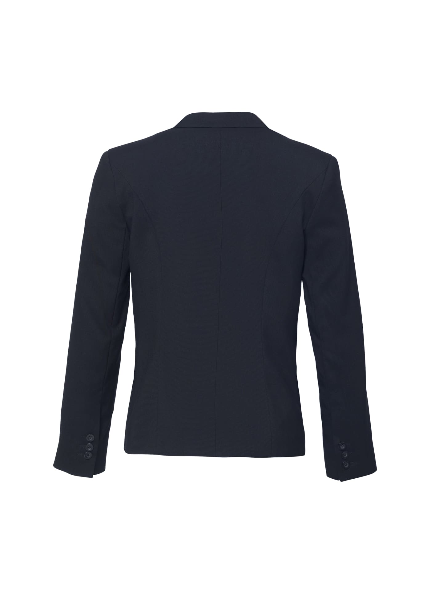A women's black short jacket with a reverse lapel and long sleeves, featuring a buttons detail on the sleeves.