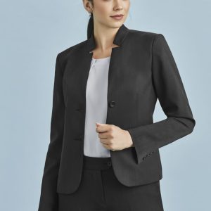A women's black cool stretch short jacket with a reverse lapel, featuring a fitted design and two buttons.