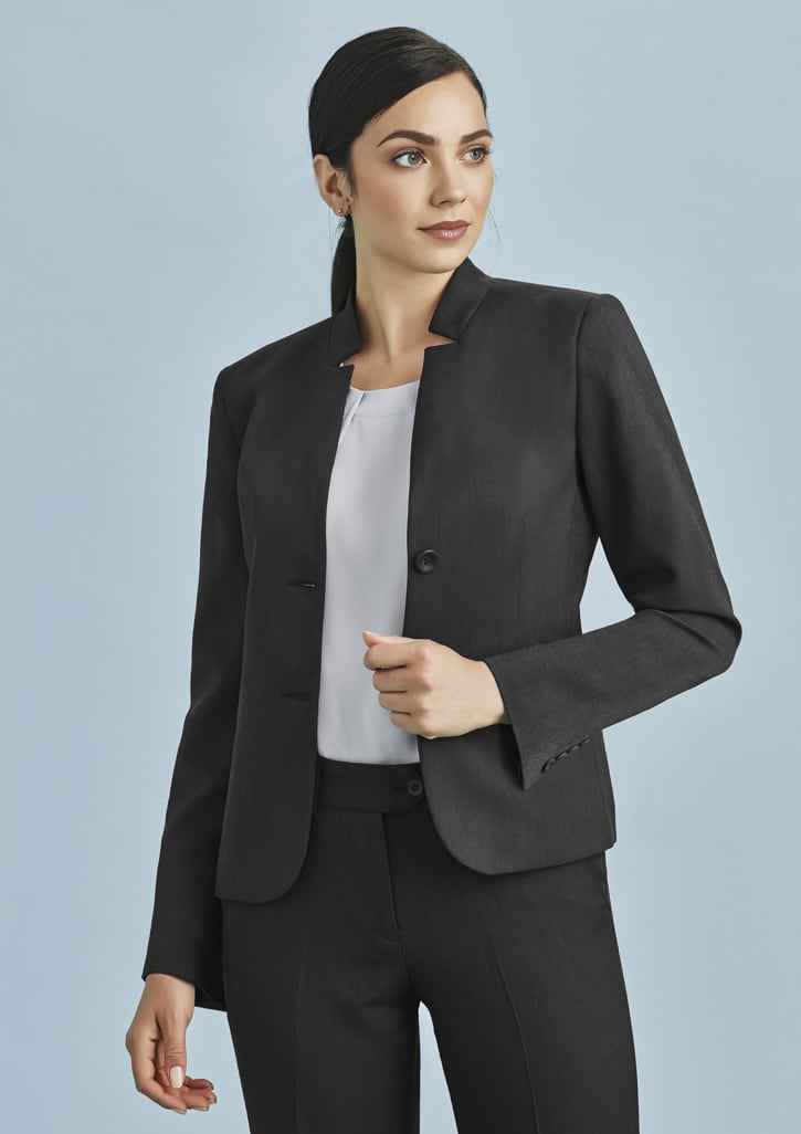 A women's black cool stretch short jacket with a reverse lapel, featuring a fitted design and two buttons.