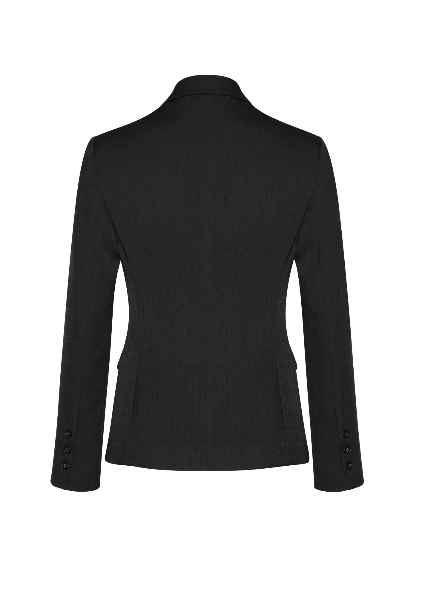 A mid-length women's jacket in black, featuring a two-button front and long sleeves, with a subtle texture.
