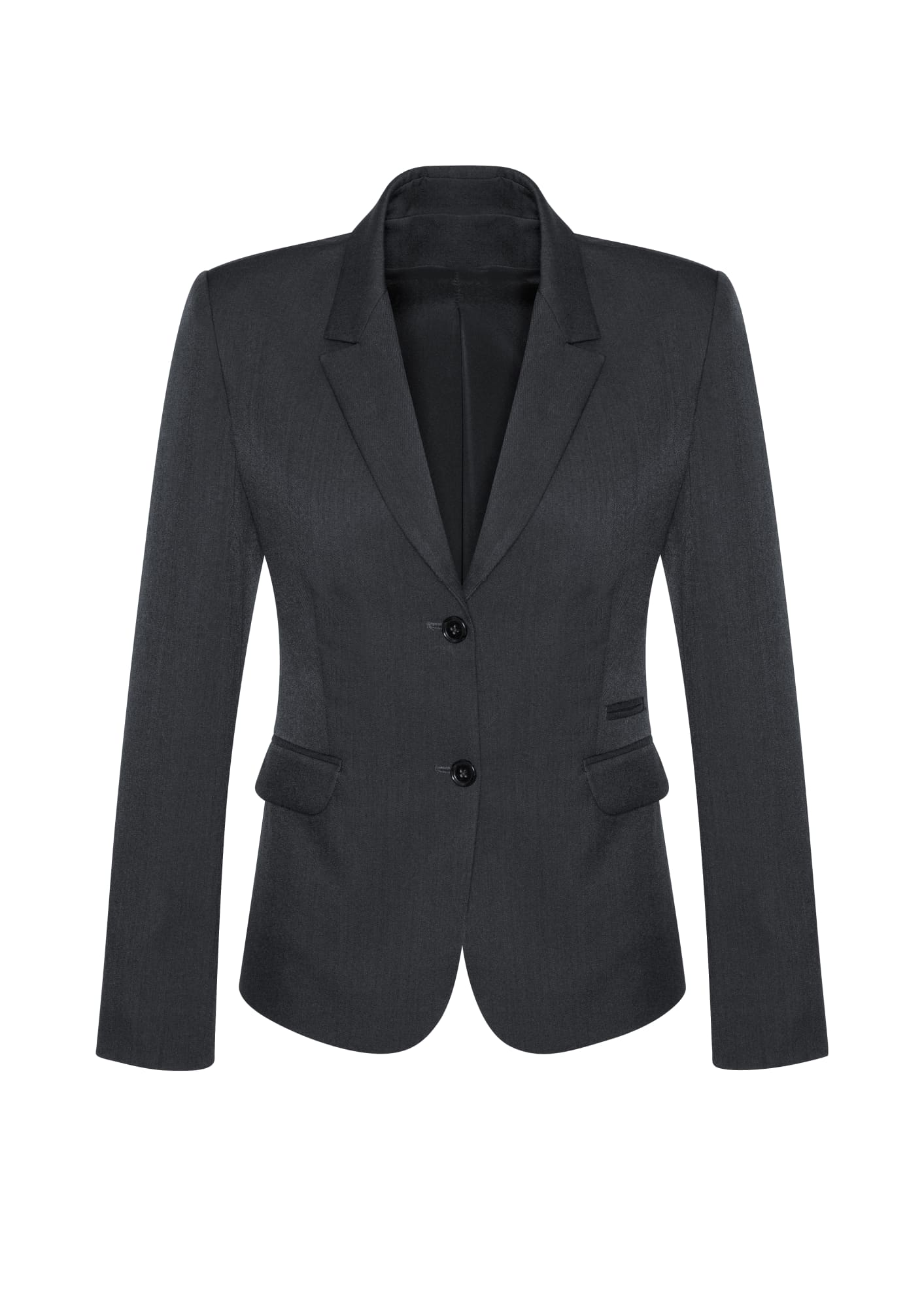 A women's mid-length jacket in dark grey, featuring a two-button design and tailored pockets.