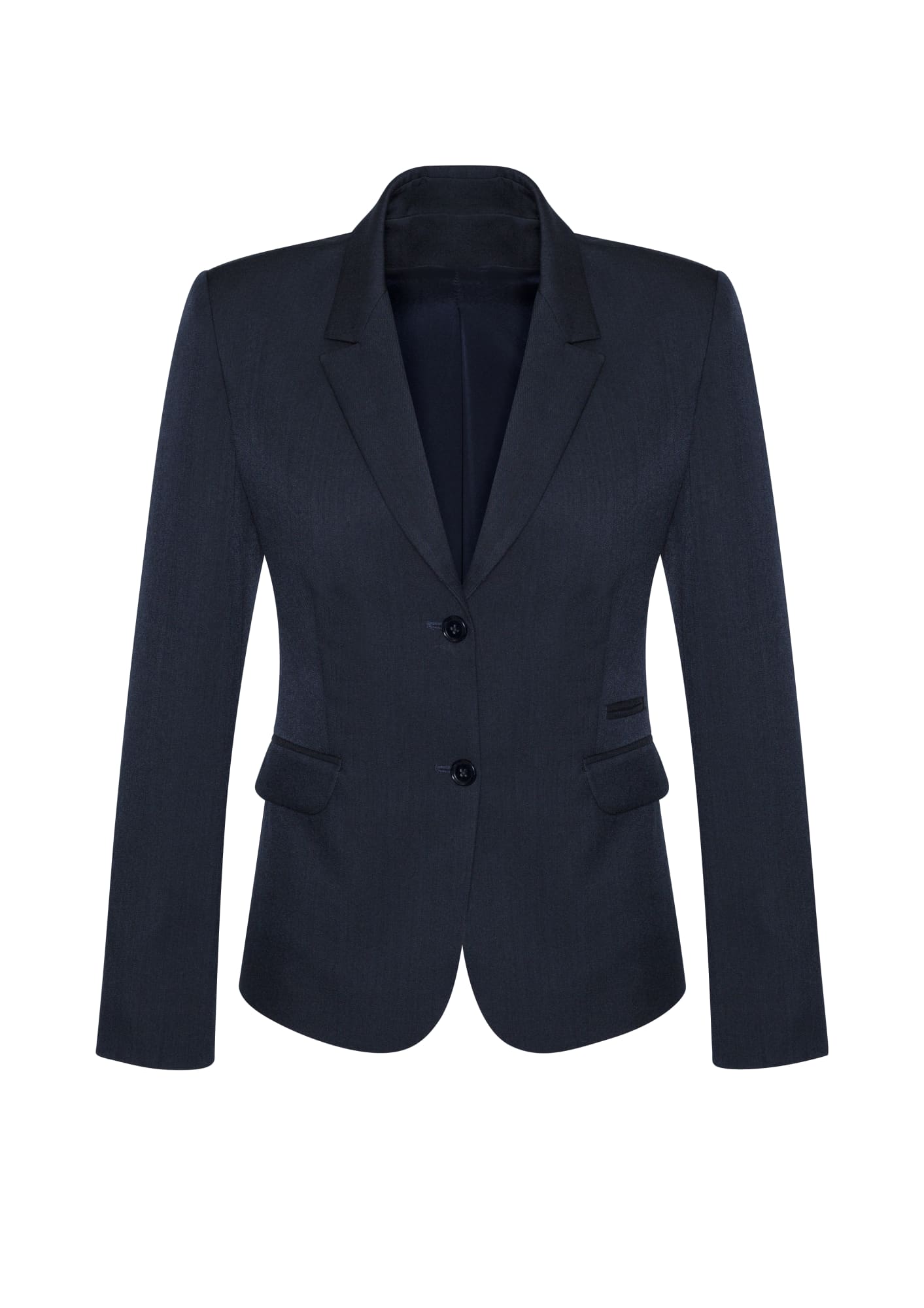 A dark navy women's mid-length jacket featuring a two-button front, notch lapels, and a fitted silhouette.