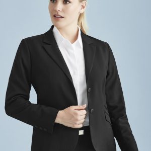 A black mid-length women's blazer with a two-button front and a sleek, tailored design.