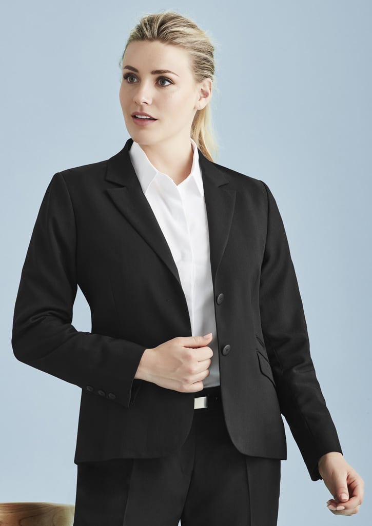 A black mid-length women's blazer with a two-button front and a sleek, tailored design.