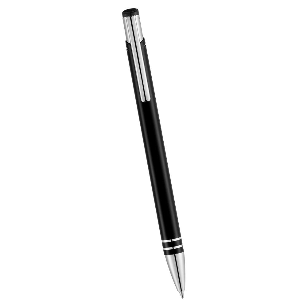 A black metal ballpoint pen with silver accents and a clip, featuring a sleek design.