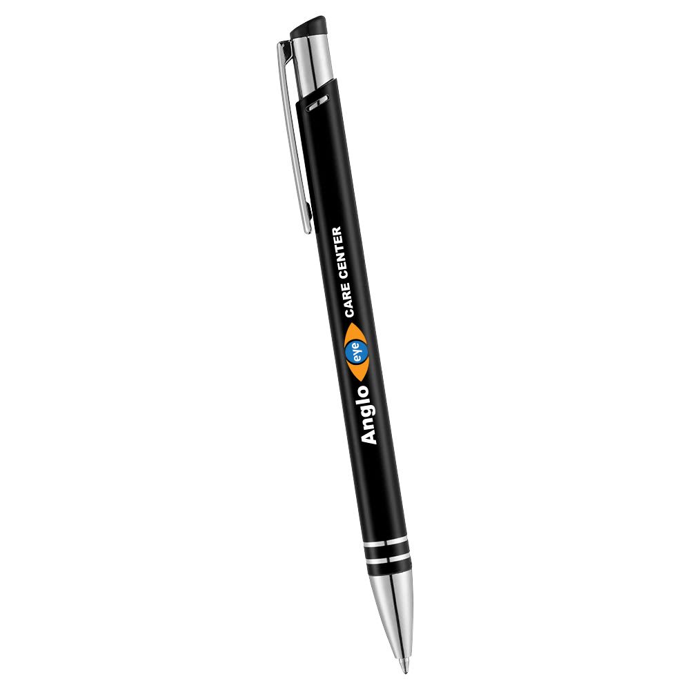 A black metal ballpoint pen with a silver clip and a logo on the barrel.