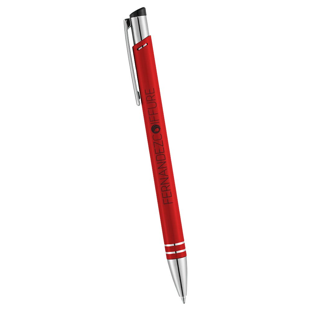A red metal ballpoint pen with chrome accents and a clip, featuring a logo.