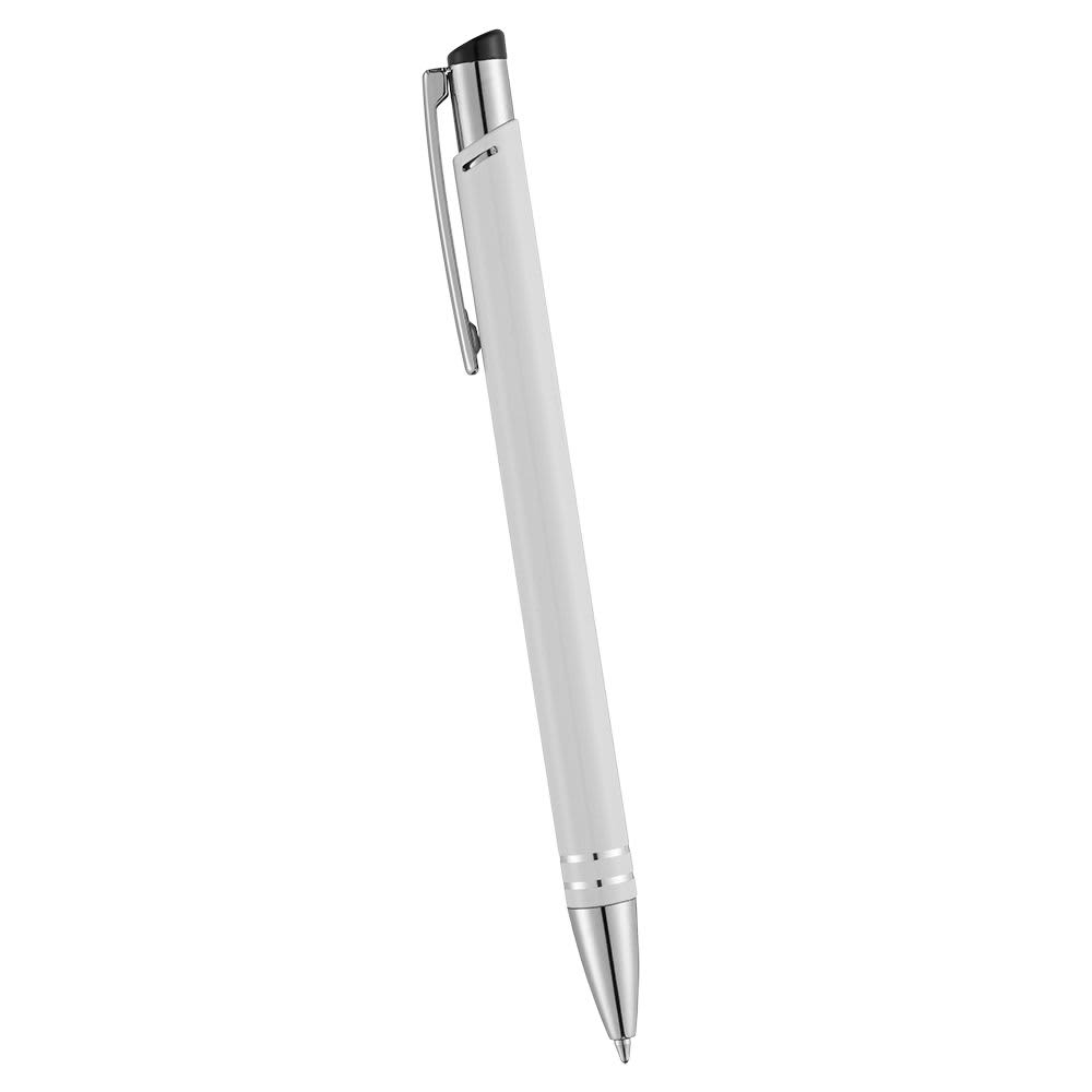 A metal ballpoint pen in white with silver accents and a clip, featuring a simple design and prominent branding.