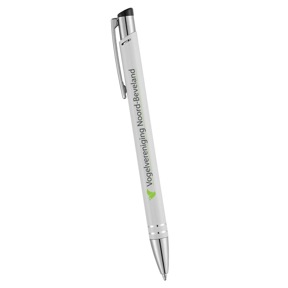 A metal ballpoint pen in white with a silver clip and a logo printed on the barrel.
