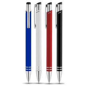 A collection of four Hawk Ballpoint Pens in blue, white, red, and black, featuring metal accents and a logo.