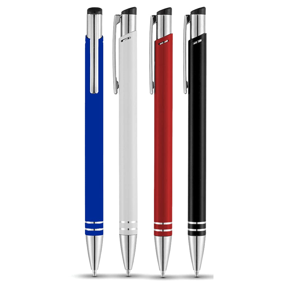 A collection of four Hawk Ballpoint Pens in blue, white, red, and black, featuring metal accents and a logo.