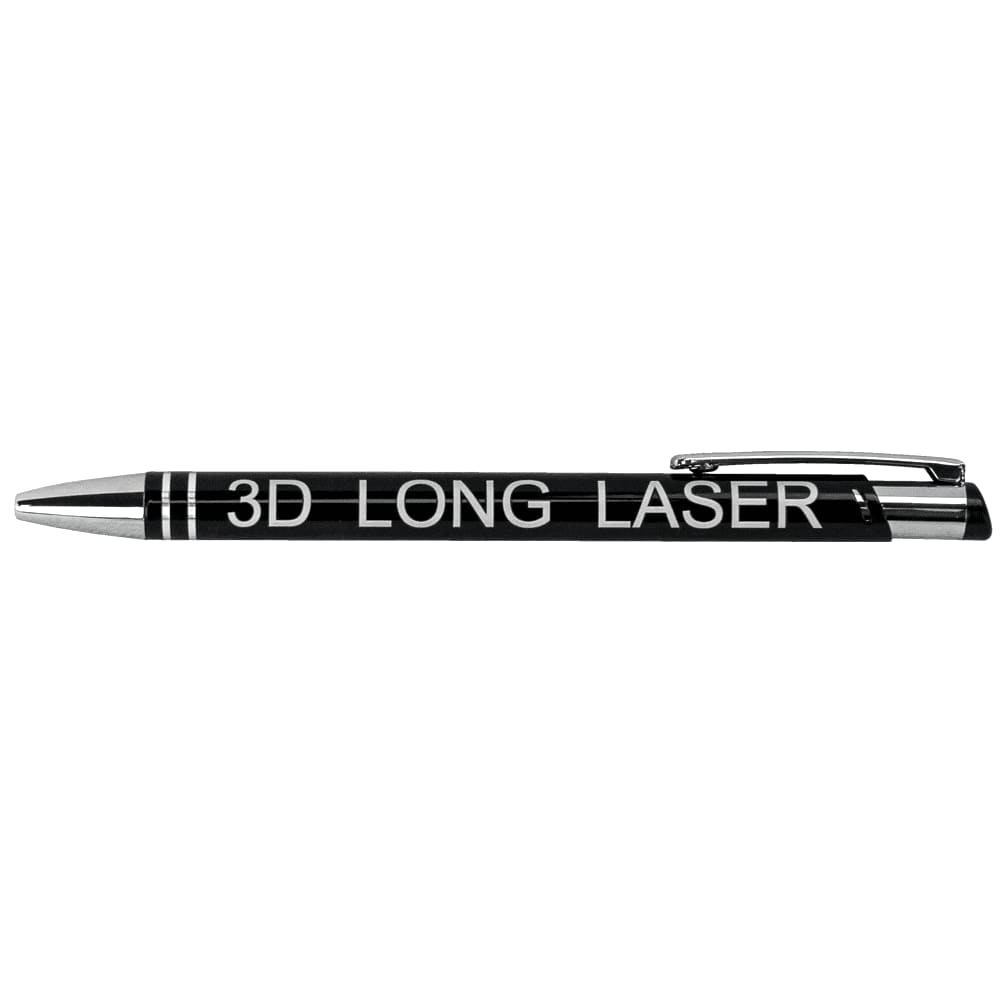 A metal ballpoint pen in black with a silver clip and trim, featuring a branding logo.