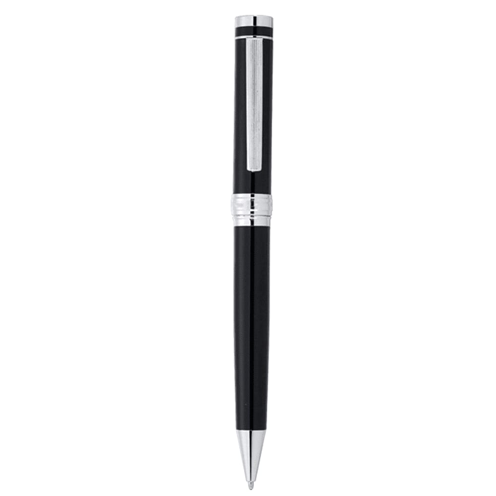 A black metal ballpoint pen with silver accents and a clip, featuring a branded logo.